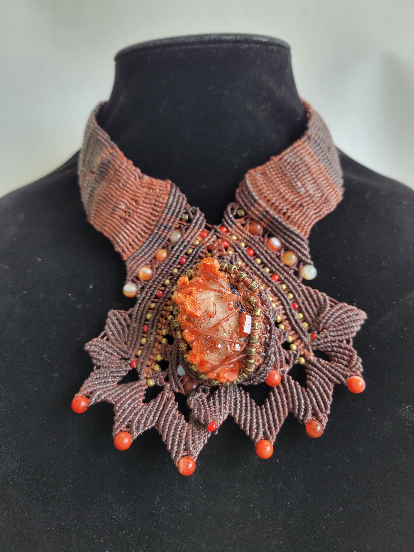 Vanadinite Macramé Choker Necklace – Handcrafted Red Crystal with Brass & Agate Accents
