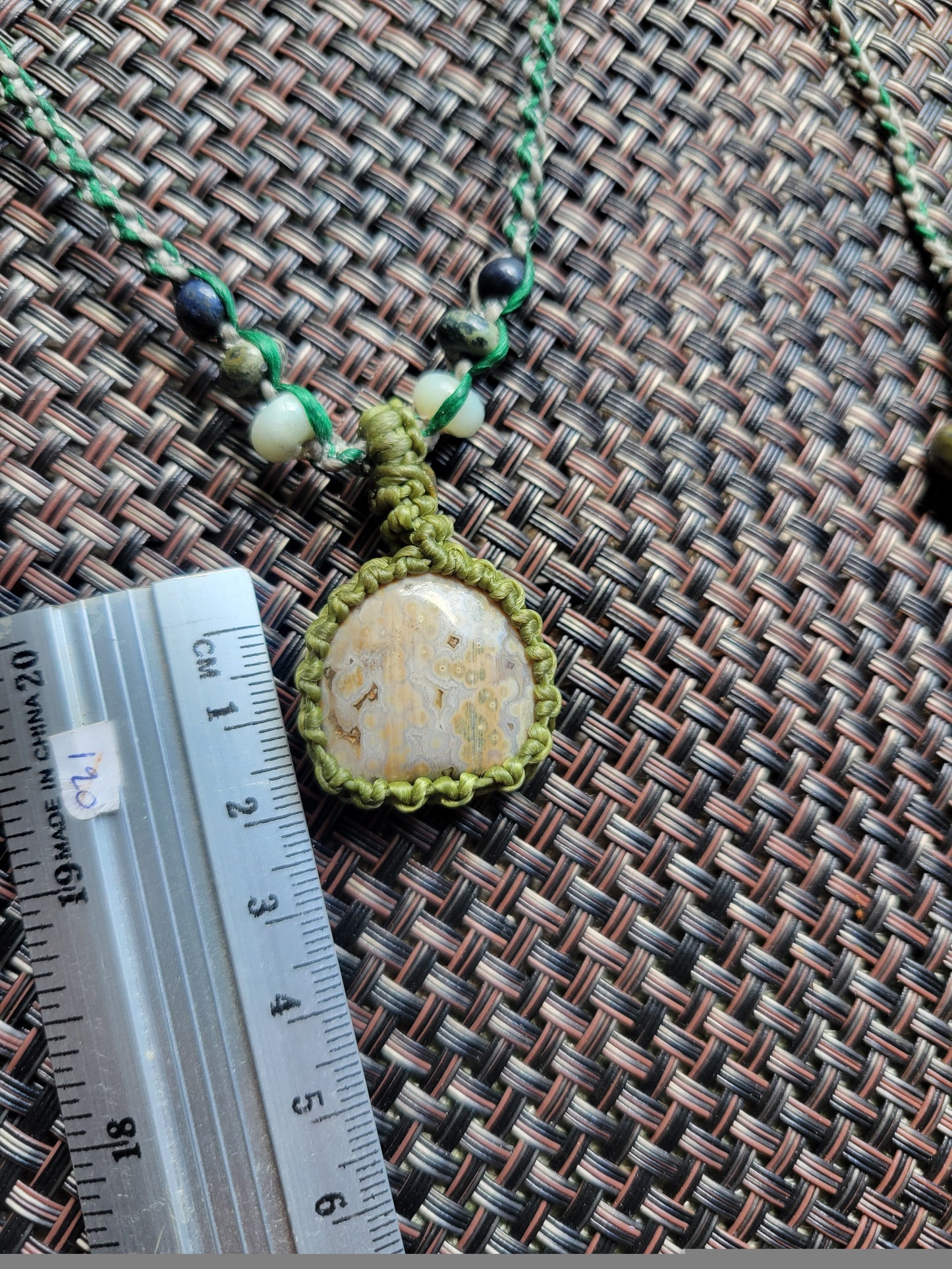 “Soft Earth” – Cream Jasper Pendant Necklace, Light & Dark Green Macramé with Stone Beads, Adjustable for All Ages