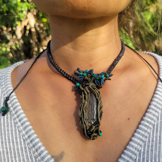 Handmade hematite necklace with forest macramé design