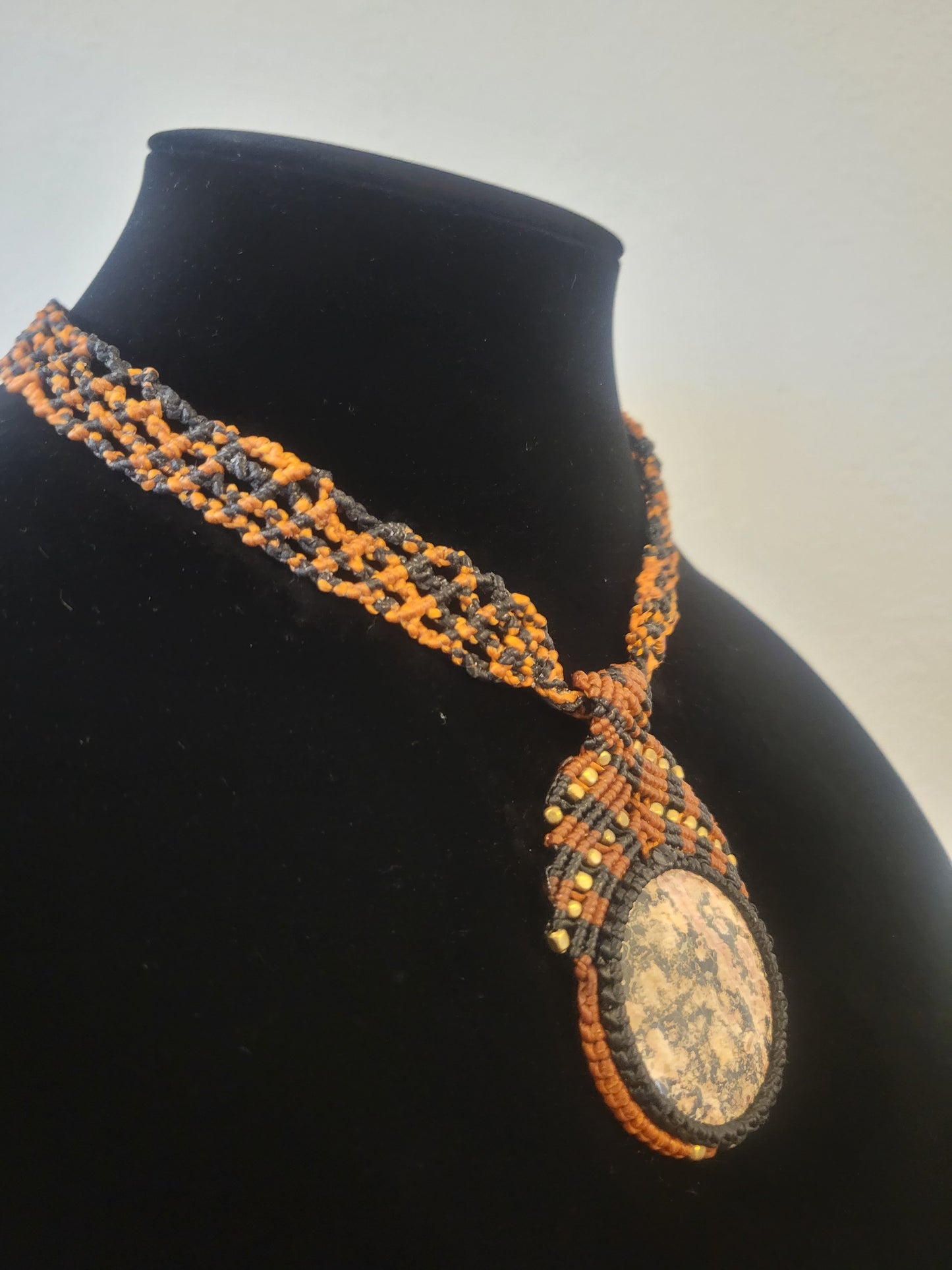 Ocean Jasper Choker with Intricate Micromacramé & Brass Beads - Women's Necklace