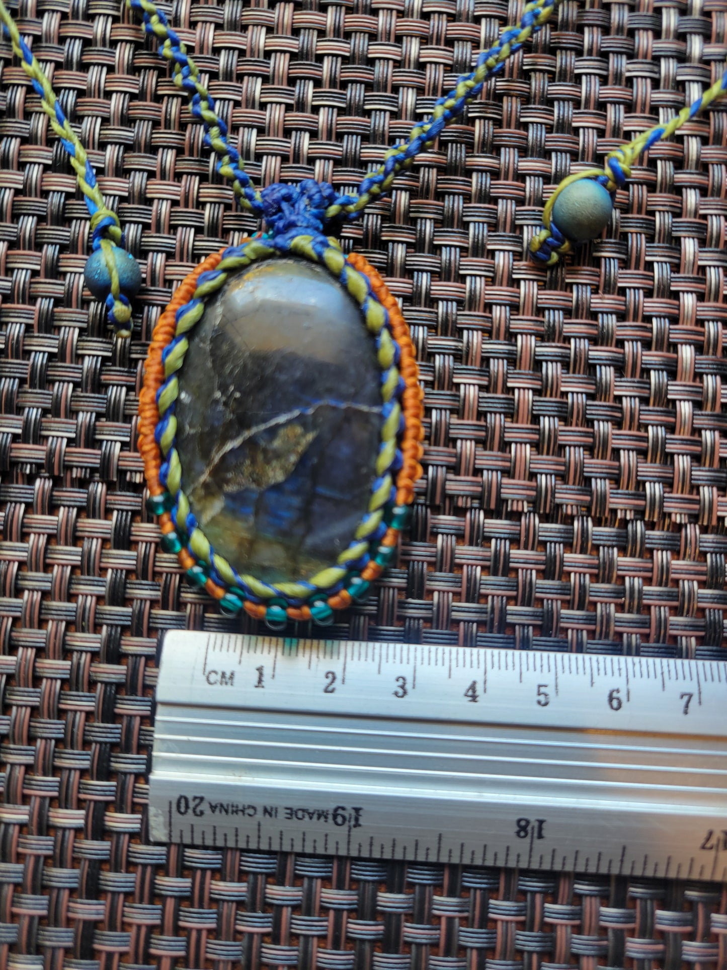 “Elemental Skies” – Labradorite Pendant Necklace, Multicolored Cord Wrap (Green, Blue, Orange), Adjustable Festival Jewelry