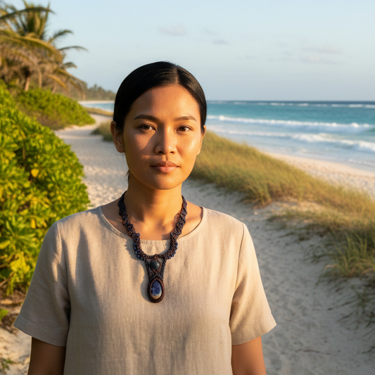 Sodalite Necklace worn by a woman on a beach, featuring a Celtic woven design and natural blue sodalite stone.