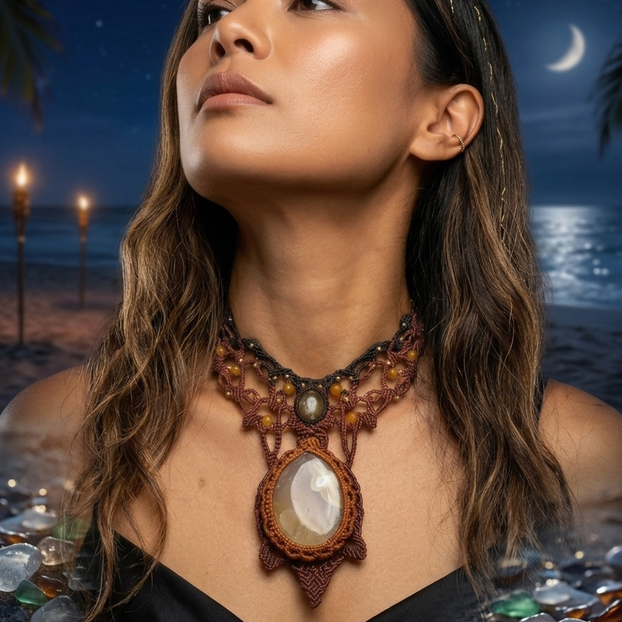 Agate Pendant worn as a necklace, showcasing a stunning design of macramé and natural stones, perfect for ocean lovers.