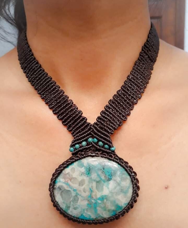 Blue & White Amazonite Pendant Necklace - Oval Stone - Micro-Macrame Boho Hippie Jewelry - Handcrafted Earthy Design