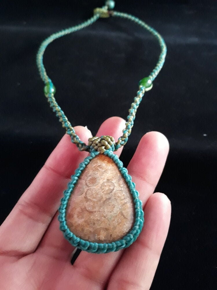 “Reef Echo” – Fossilized Pink Coral Pendant Necklace, Blue & Green Macramé with Beads, 42 cm (16.5 in), Ethically Sourced