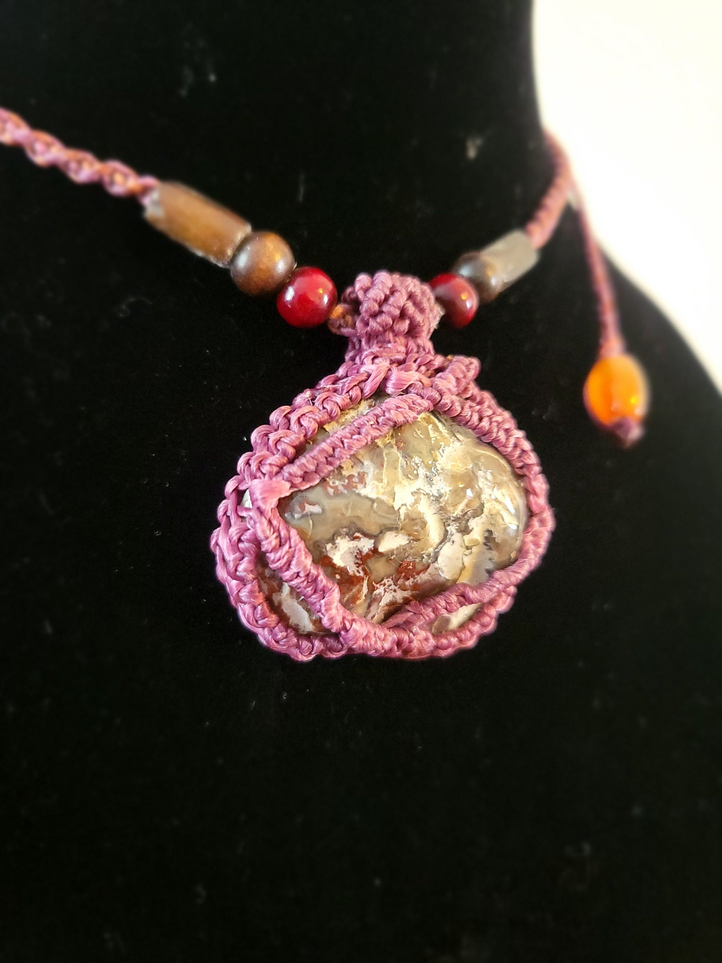 Dryhead Agate Stone Pendant Necklace - Wrapped in Pink Cotton Cord - Adjustable and Sustainable Bohemian Jewelry