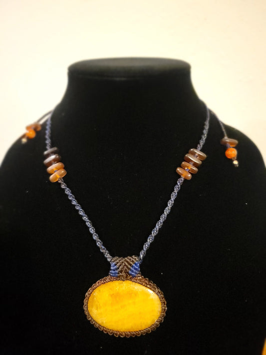 Large Oval Orange Calcite Pendant - Micro Macrame Technique - Simple Adjustable Necklace