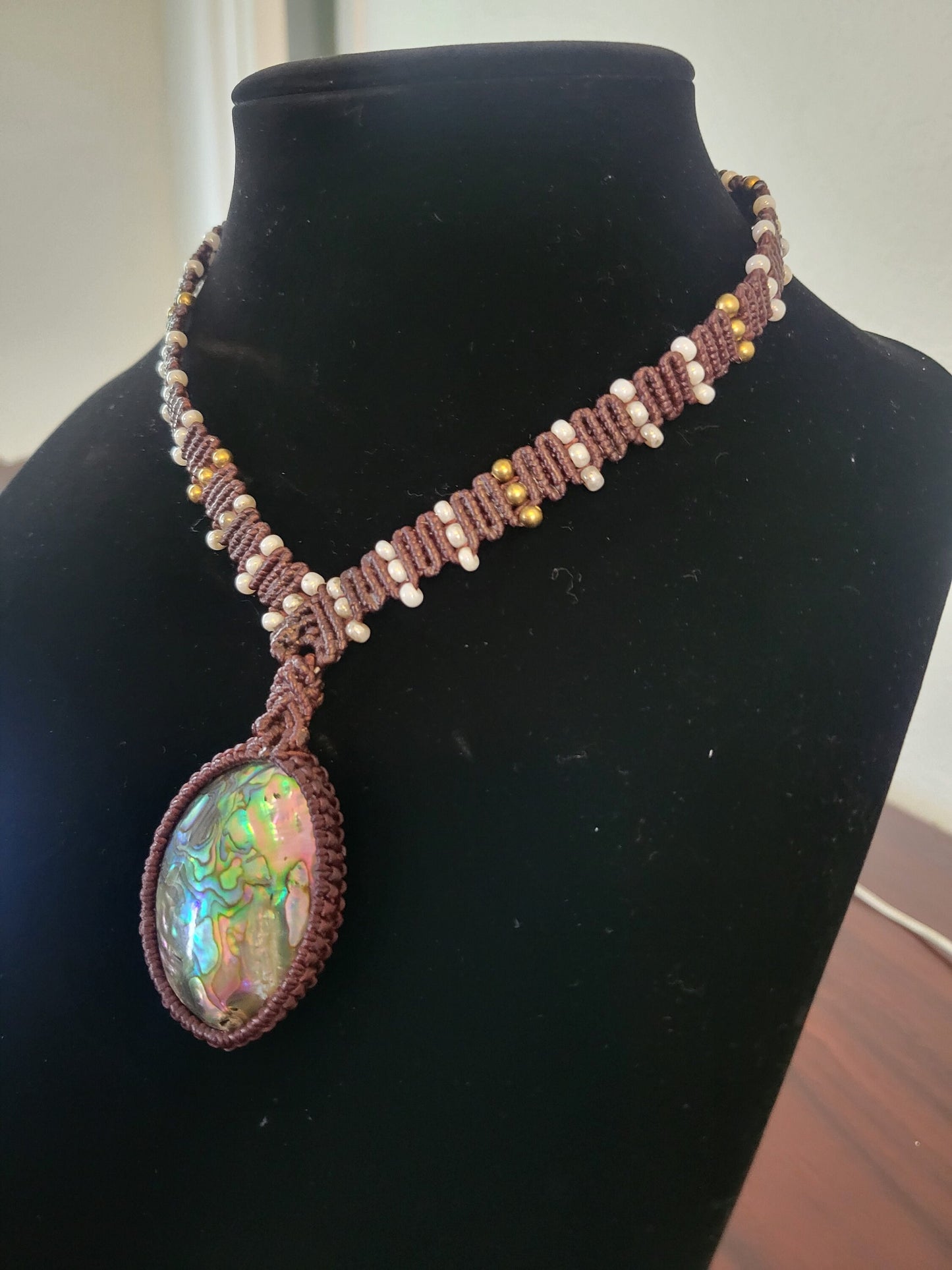 Mother of Pearl Pendant Macramé Necklace with Glass and Brass Beads