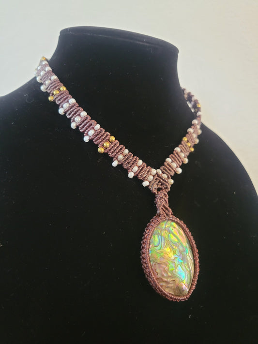Mother of Pearl Pendant Macramé Necklace with Glass and Brass Beads