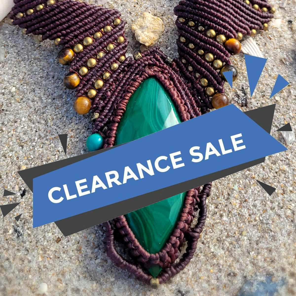 Clearance Sale on a stunning handmade boho necklace with green stone and intricate bead detailing.