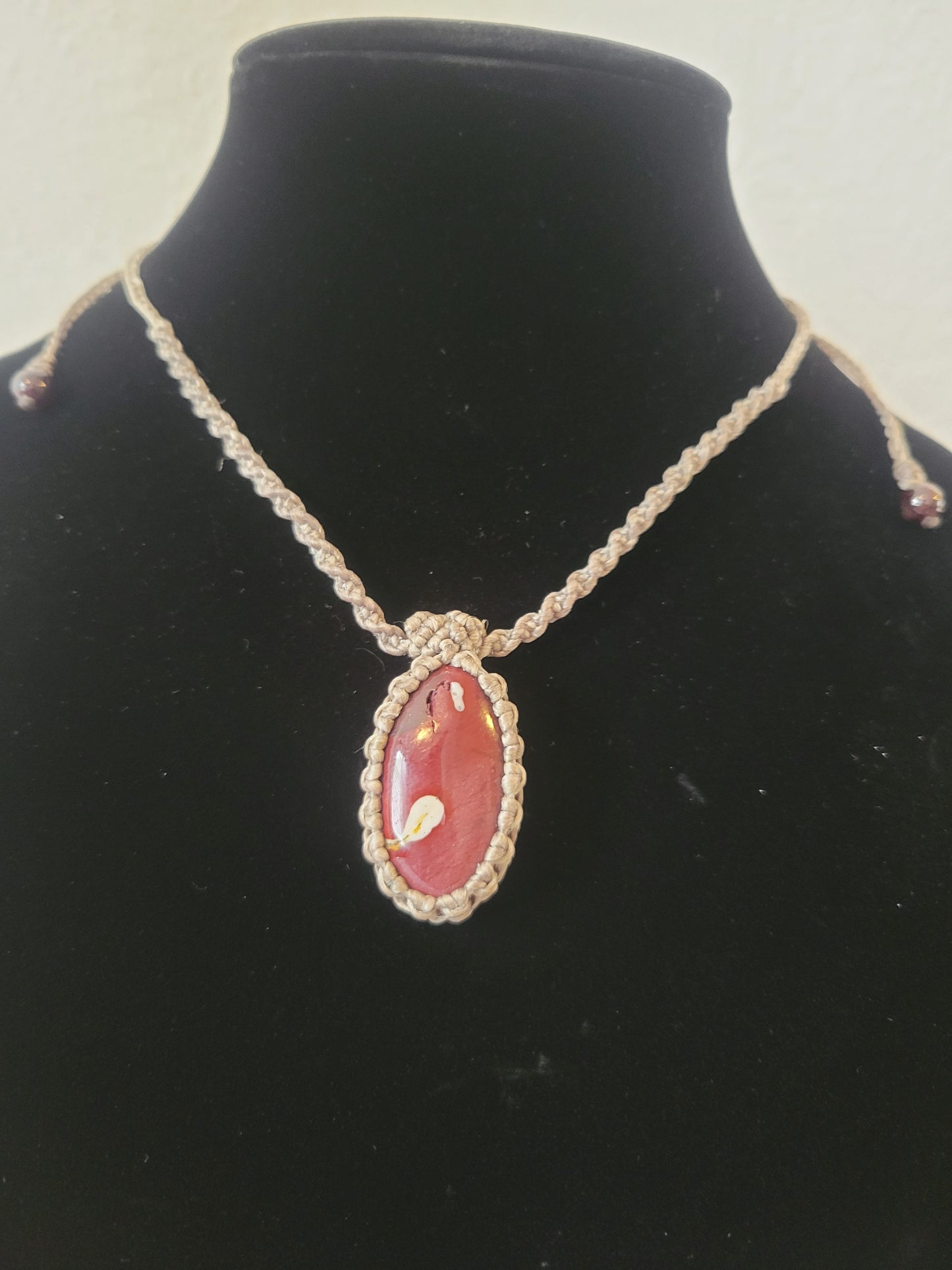 “Ember Flow” – Blood Red River Jasper Pendant Necklace, Spiral Braided Earth-Tone Cord, Minimalist Boho Unisex