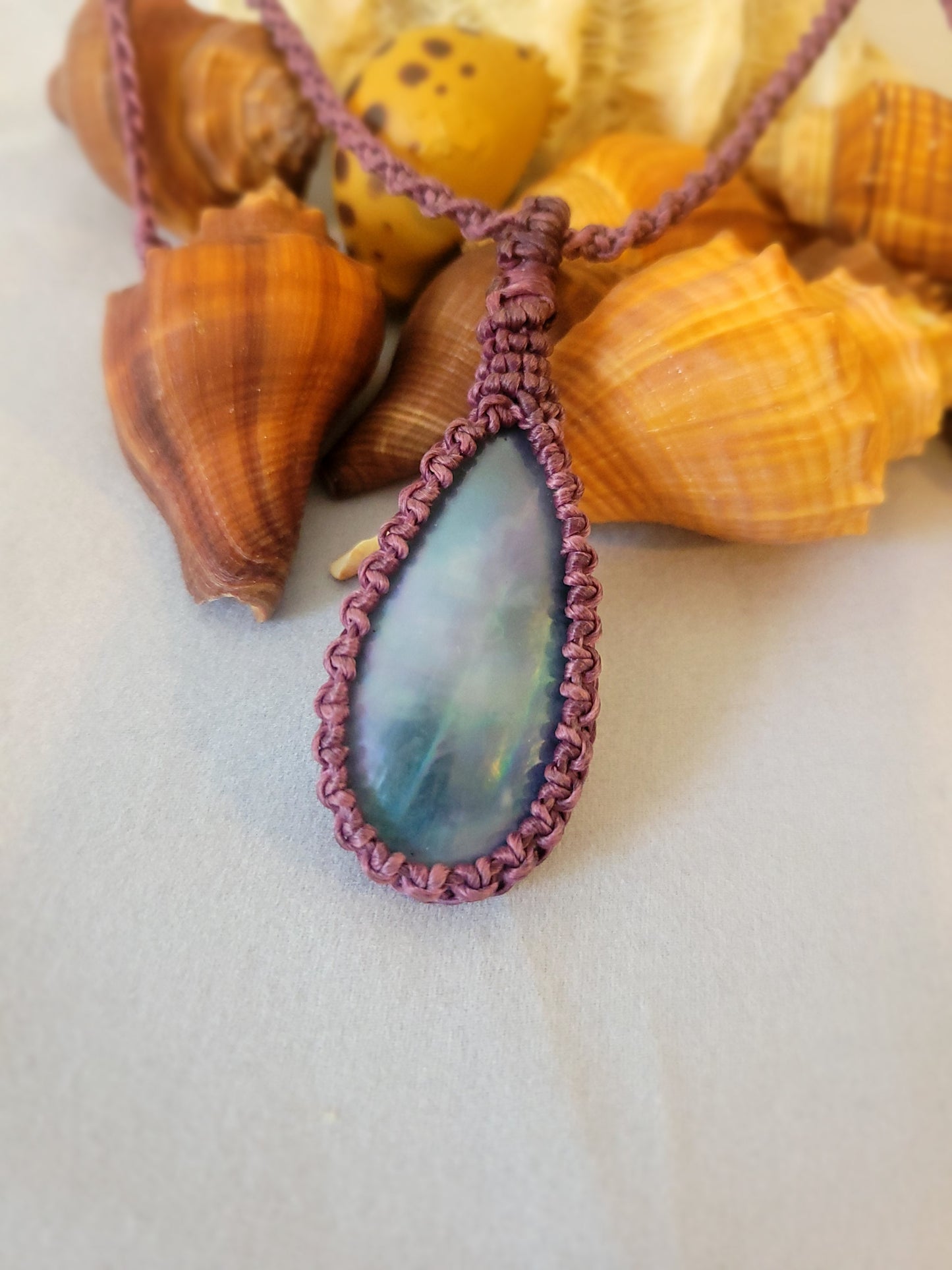 “Sea Whisper” – Purple Mother of Pearl Pendant Necklace, Simple Adjustable Purple Cord