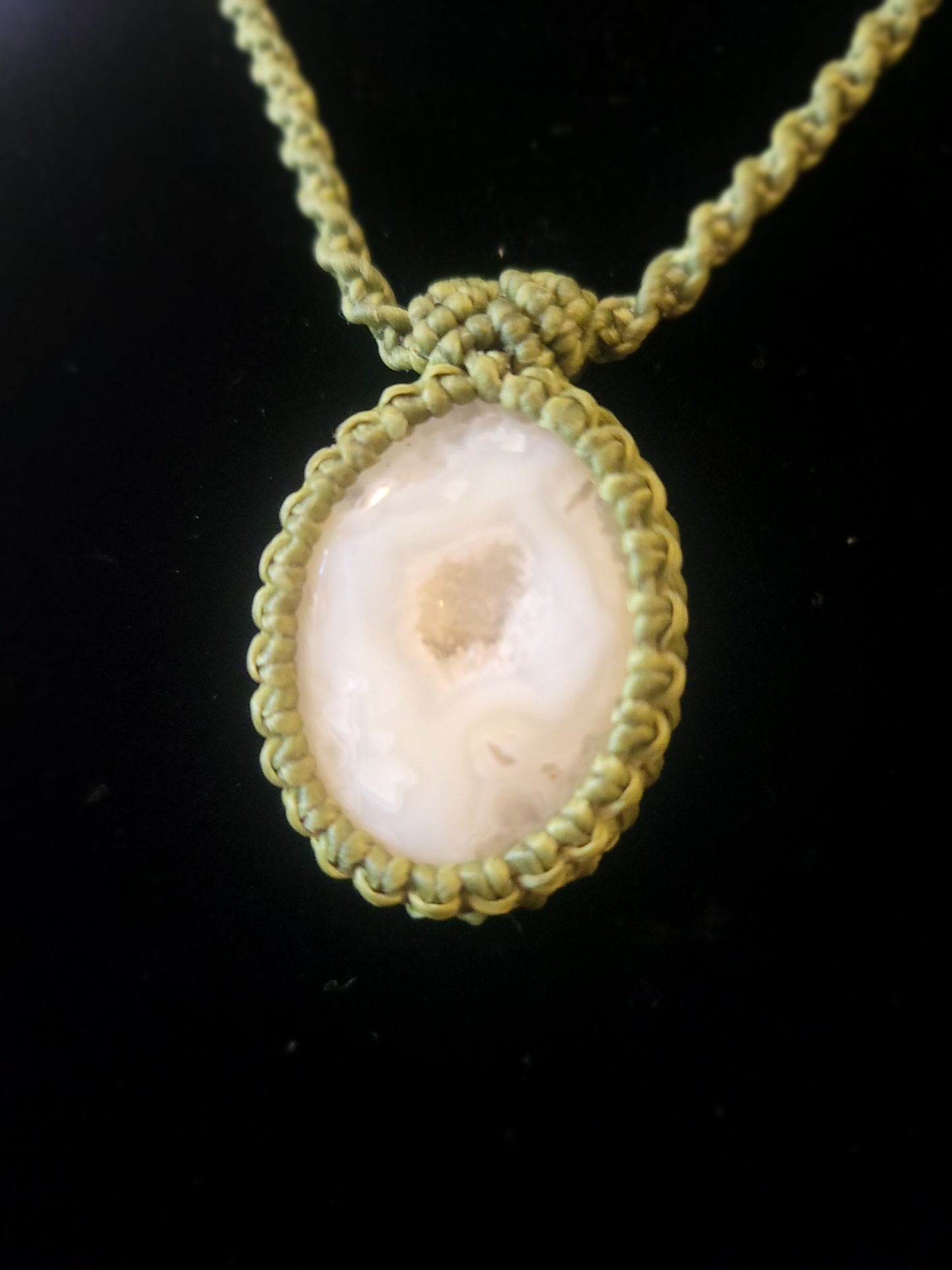 Enchanted Frost: Adjustable White Druzy Agate on Spiral Green Braid