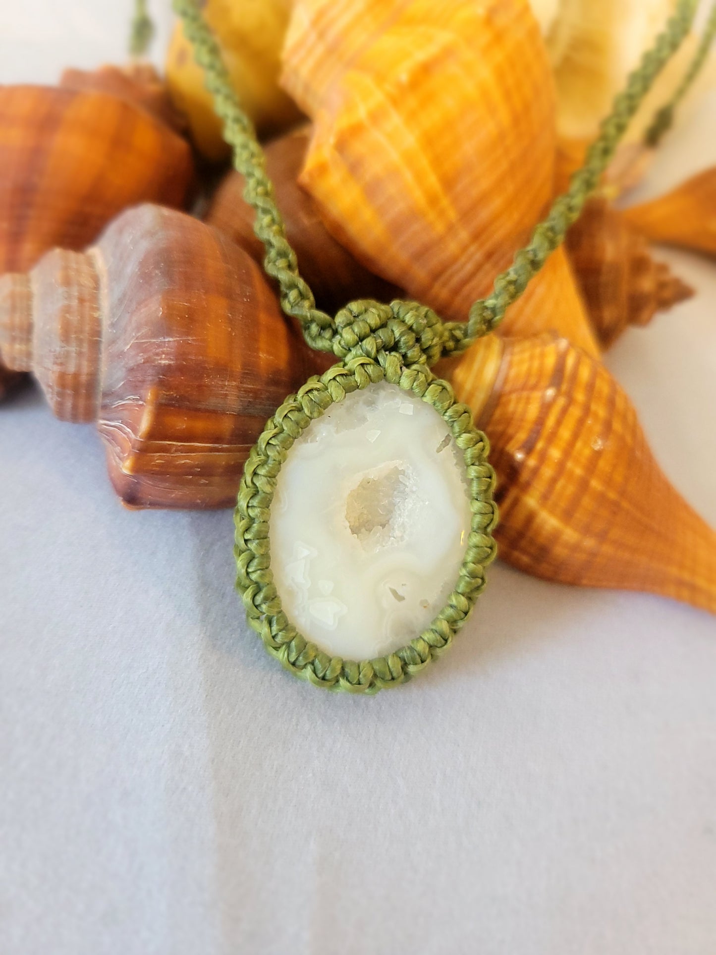 Enchanted Frost: Adjustable White Druzy Agate on Spiral Green Braid