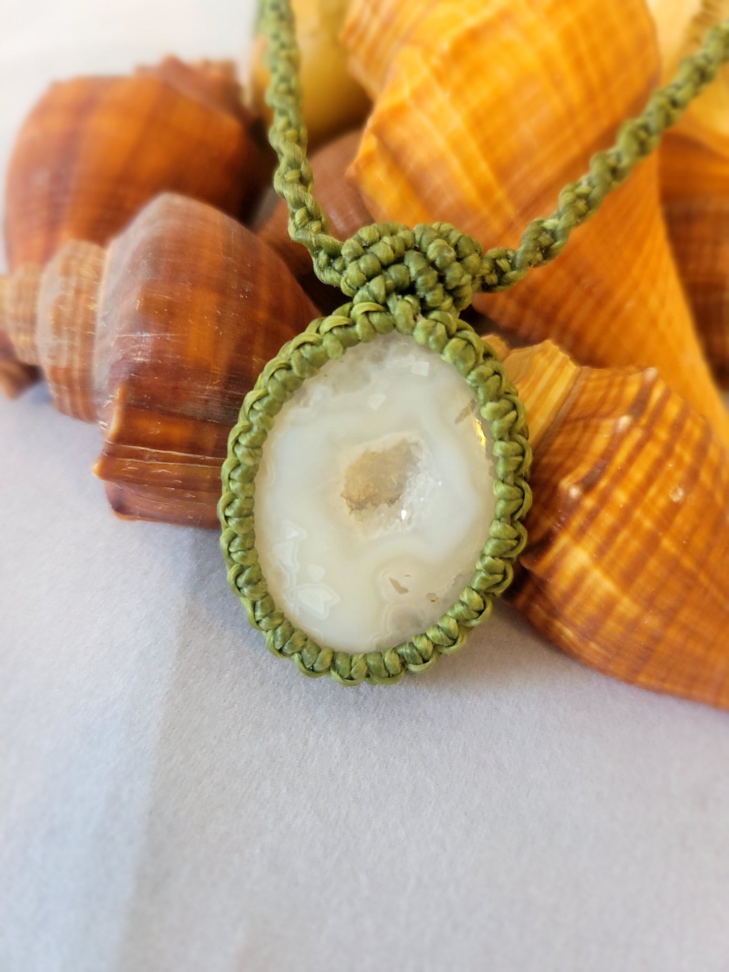 Enchanted Frost: Adjustable White Druzy Agate on Spiral Green Braid