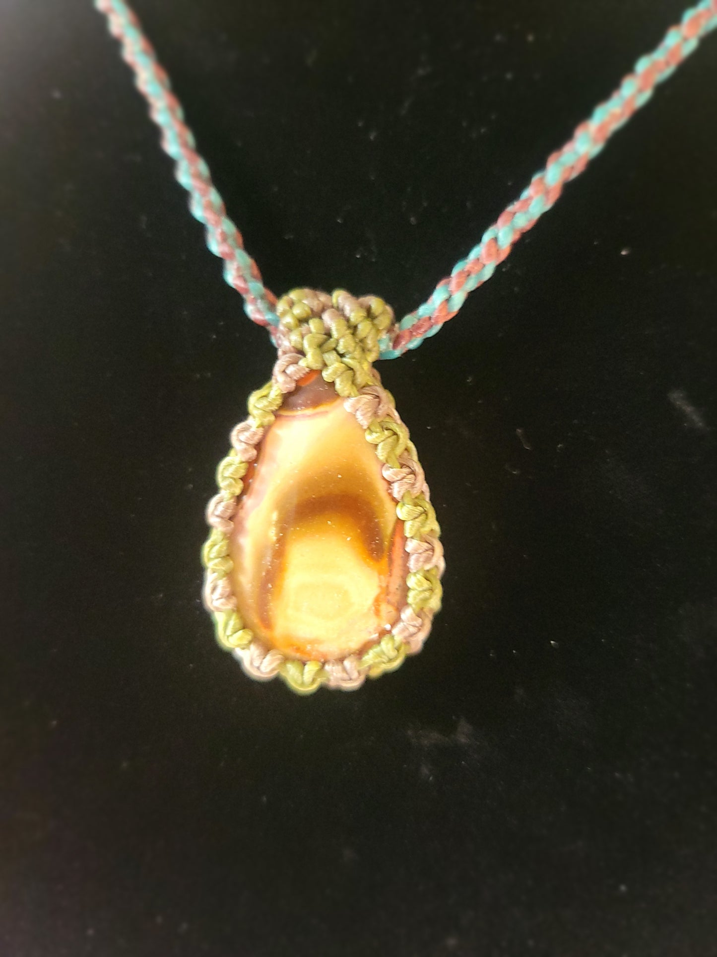 “Riverroot” – Multicolored River Jasper Pendant Necklace, Army Green & Brown Cord, 22” Minimalist Design