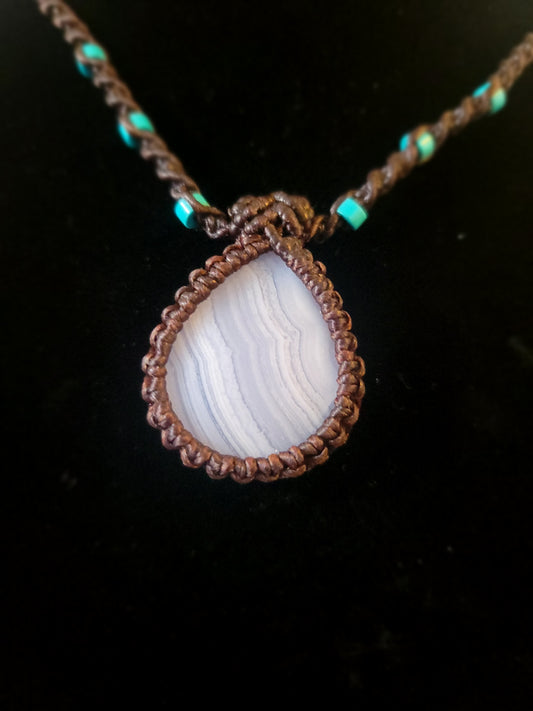 Light Blue Lace Agate Micromacrame Pendant Necklace with Turquoise Beads
