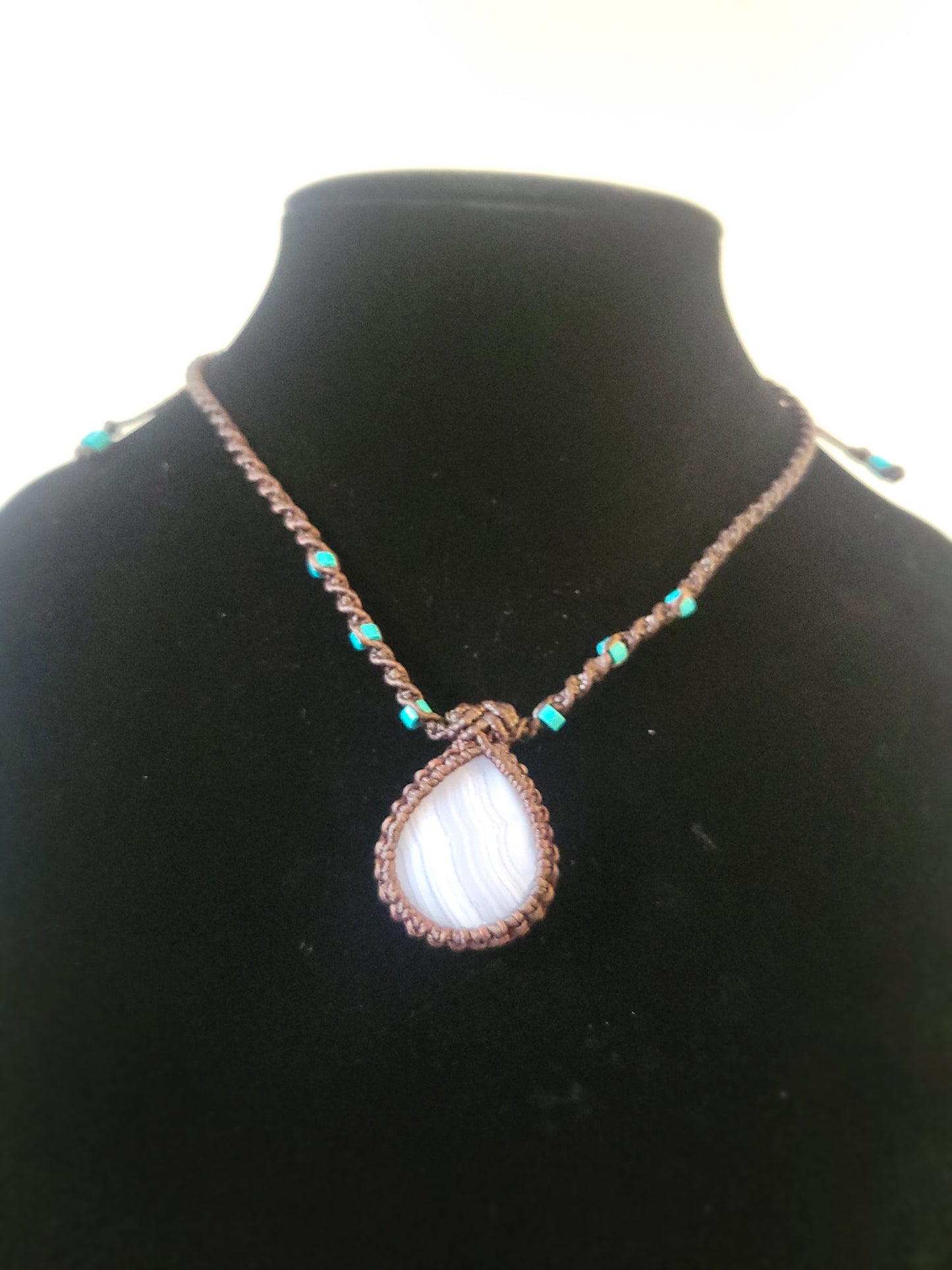 Light Blue Lace Agate Micromacrame Pendant Necklace with Turquoise Beads