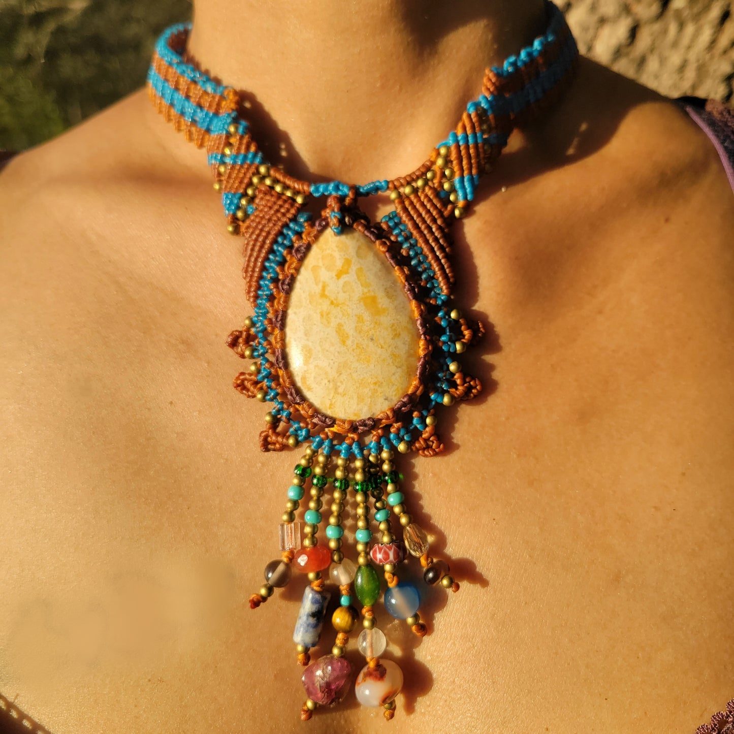 Fossilized Coral Boho Choker – Mediterranean-Inspired with Turquoise and Brass Accents
