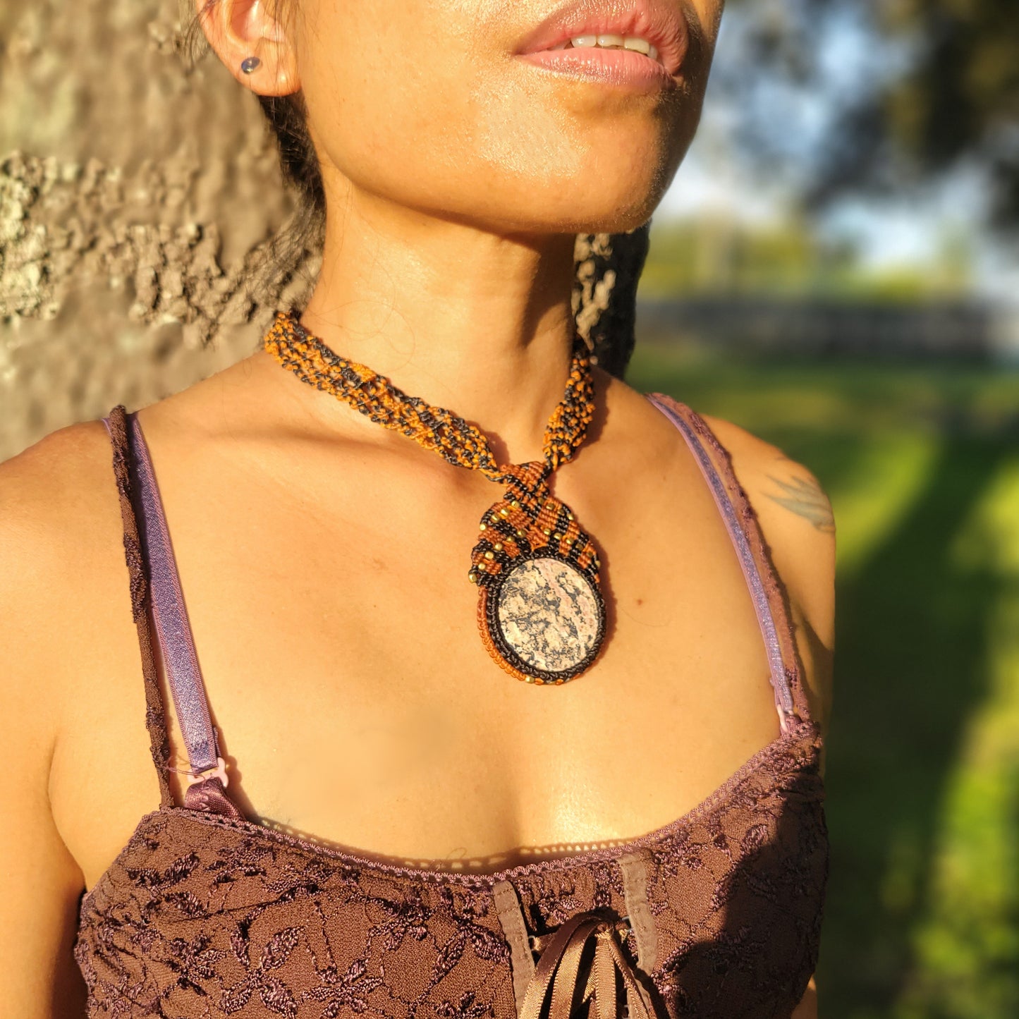 Ocean Jasper Choker with Intricate Micromacramé & Brass Beads - Women's Necklace