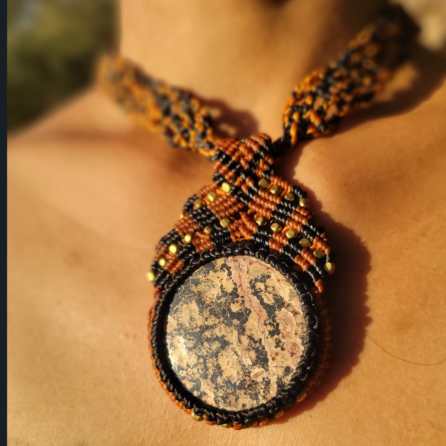 Ocean Jasper Choker with Intricate Micromacramé & Brass Beads - Women's Necklace