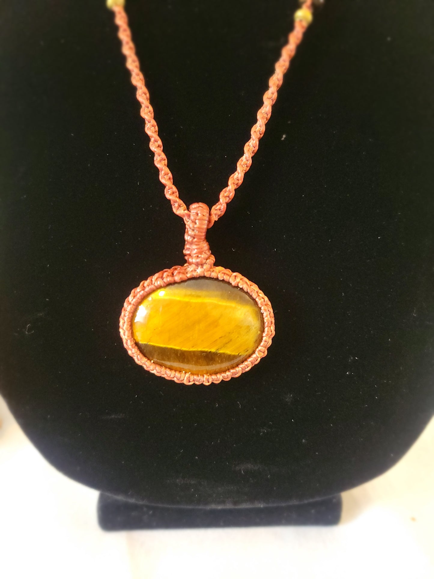 “Bronze Horizon” – Striped Tiger Eye Pendant Necklace, Brown Minimalist Adjustable Cord