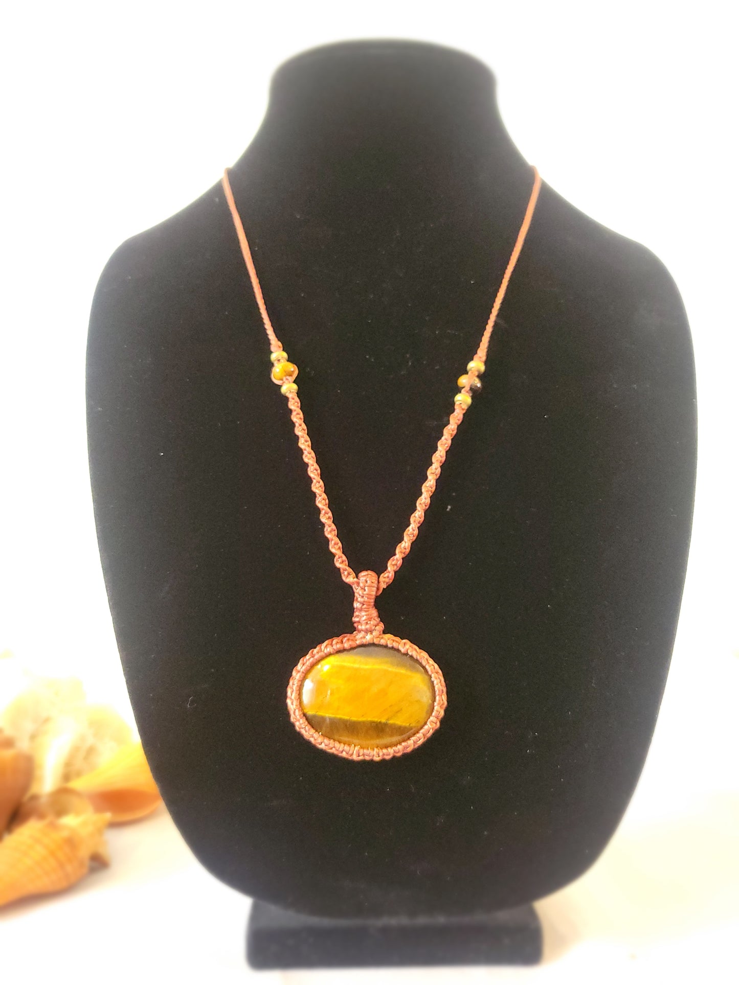 “Bronze Horizon” – Striped Tiger Eye Pendant Necklace, Brown Minimalist Adjustable Cord