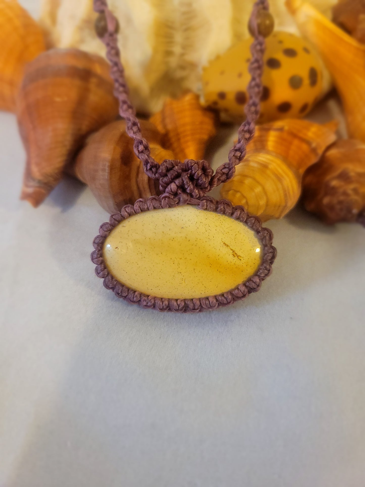 “Sunseed” – Yellow Jasper Pendant Necklace, Purple Cord with Wood Beads, Adjustable Minimalist Design