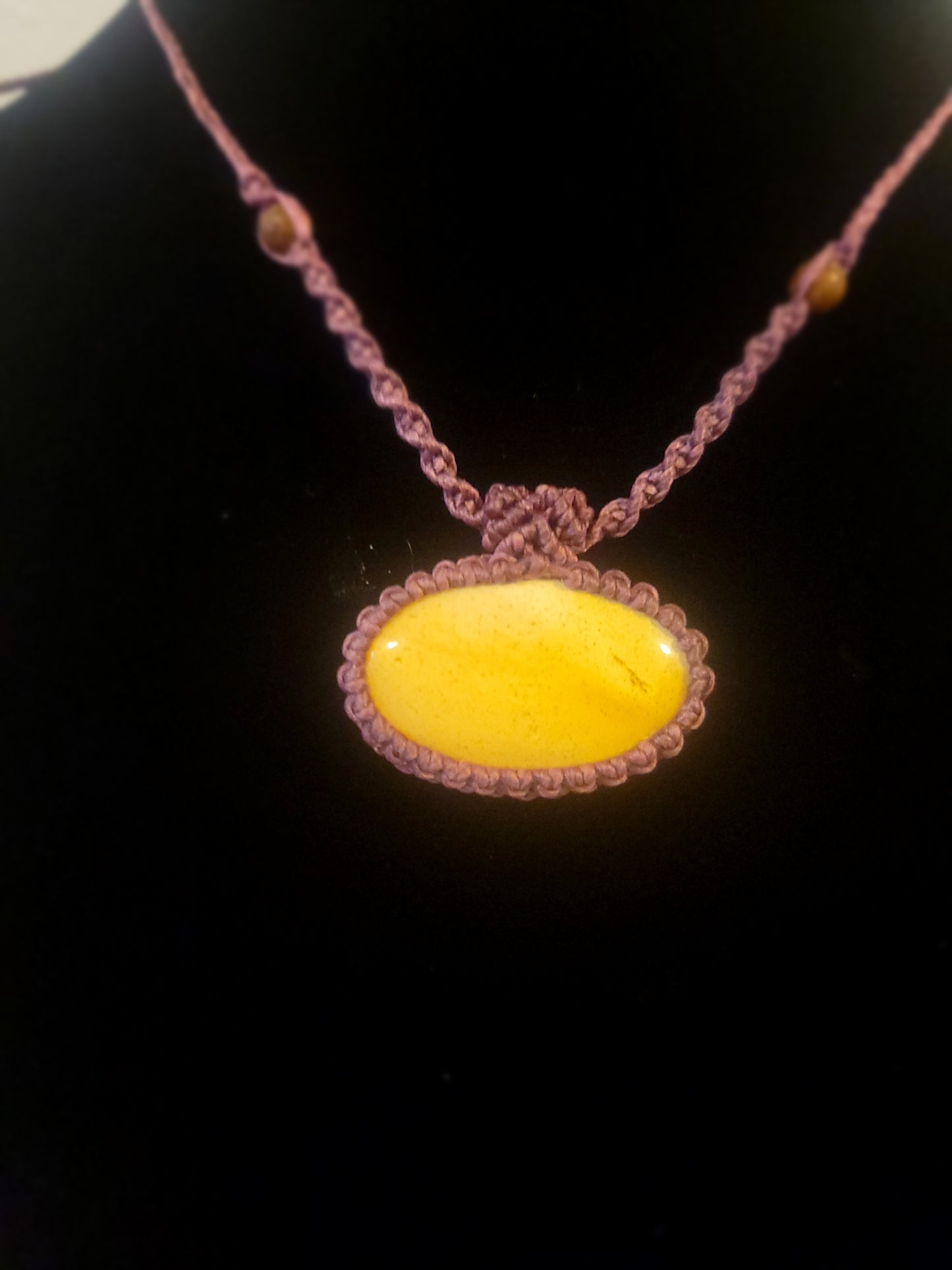 “Sunseed” – Yellow Jasper Pendant Necklace, Purple Cord with Wood Beads, Adjustable Minimalist Design