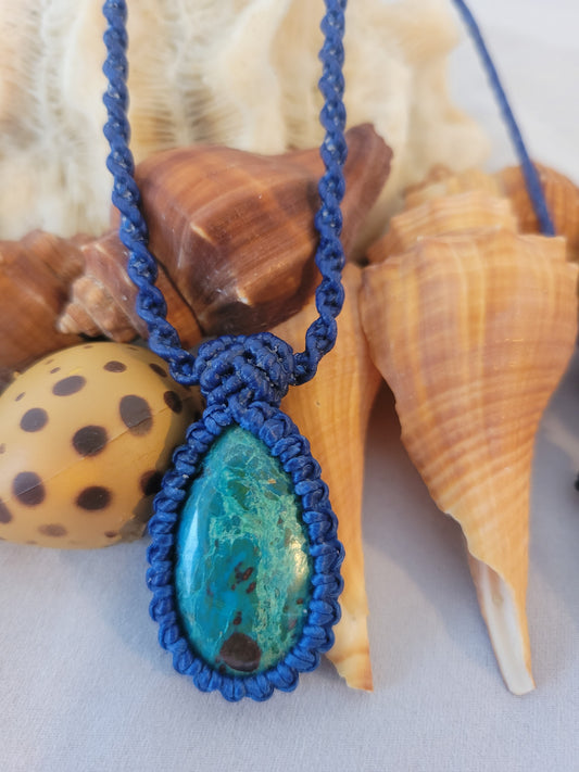 “Ocean Stone” – Blue-Green Chrysocolla Pendant Necklace, Dark Blue Cord, Adjustable Unisex Design