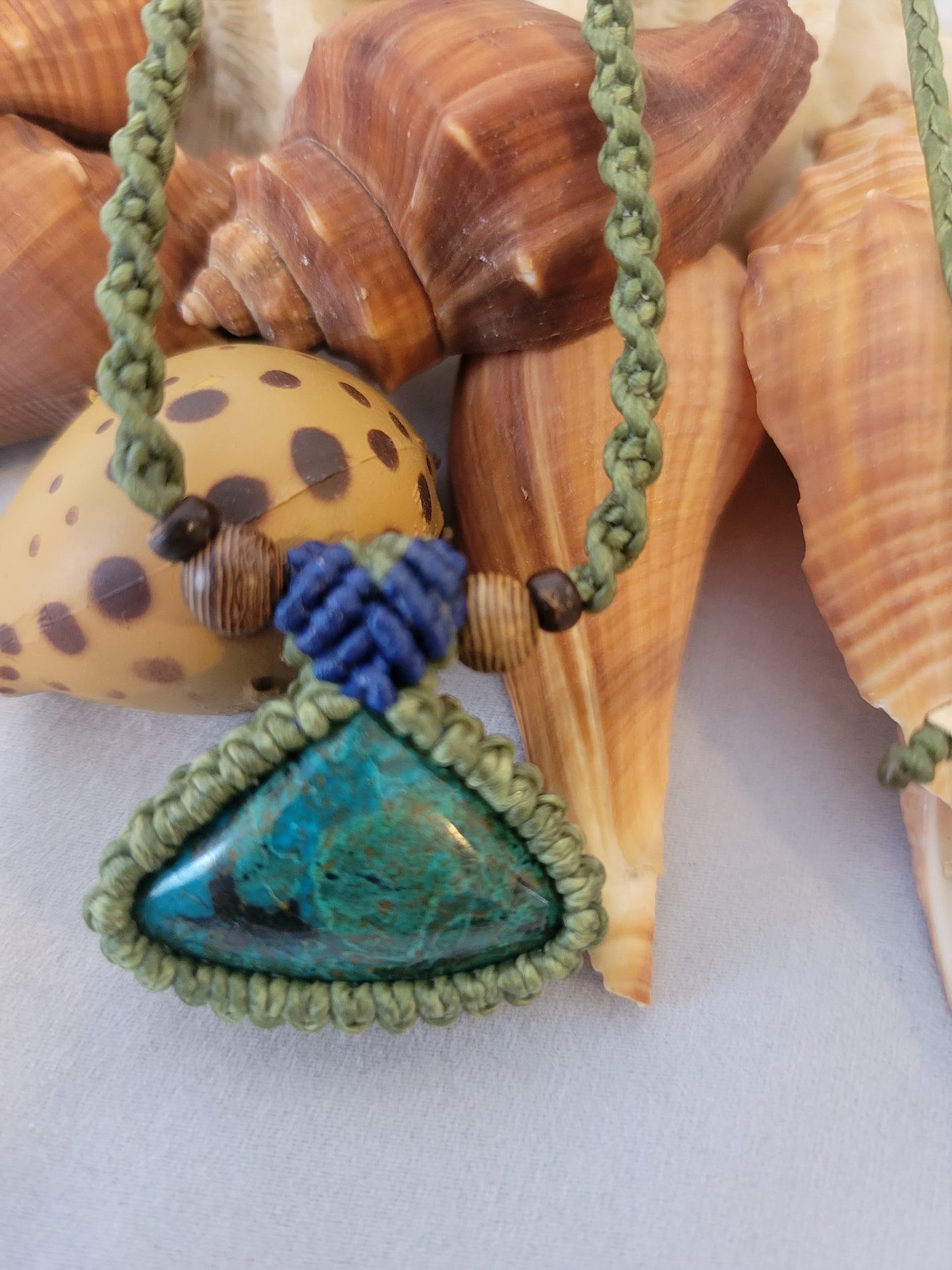 “Forest Echo” – Triangular Chrysocolla Pendant Necklace, Green & Brown Cord with Wood Beads, Adjustable Unisex