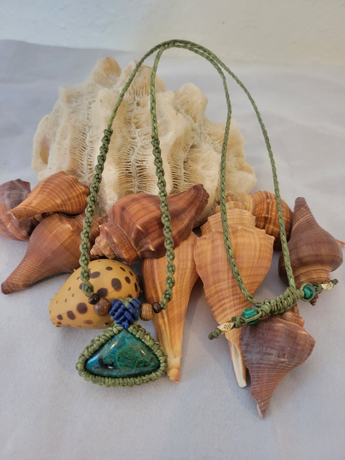 “Forest Echo” – Triangular Chrysocolla Pendant Necklace, Green & Brown Cord with Wood Beads, Adjustable Unisex