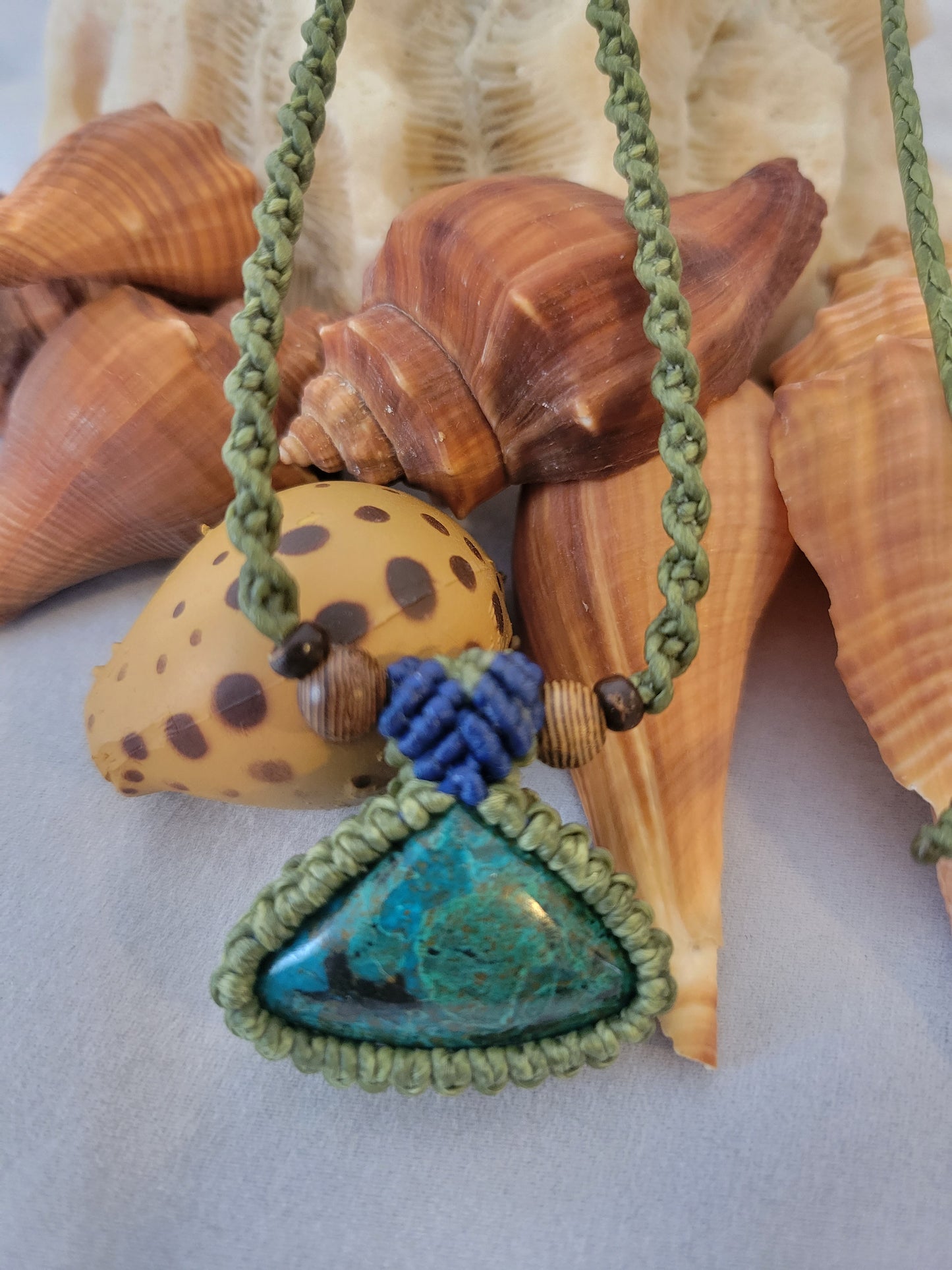 “Forest Echo” – Triangular Chrysocolla Pendant Necklace, Green & Brown Cord with Wood Beads, Adjustable Unisex