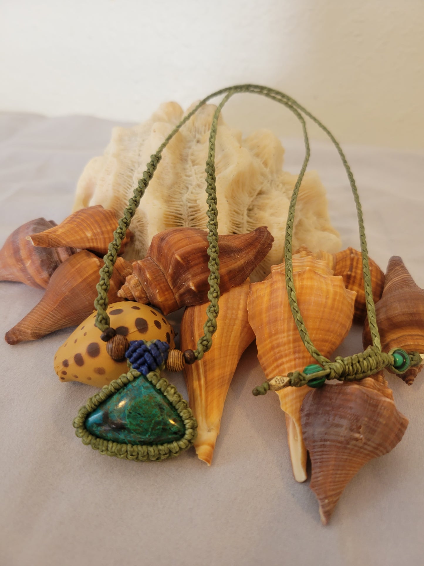 “Forest Echo” – Triangular Chrysocolla Pendant Necklace, Green & Brown Cord with Wood Beads, Adjustable Unisex