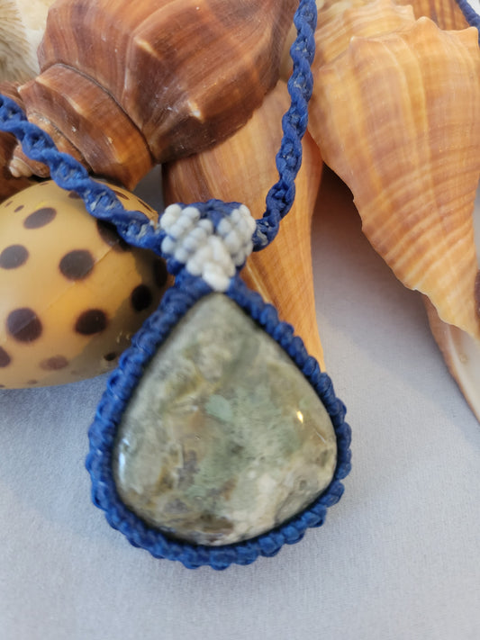 Mist Over Canopy” – Rainforest Rhyolite Pendant Necklace, Blue Cord with White Accents, Adjustable