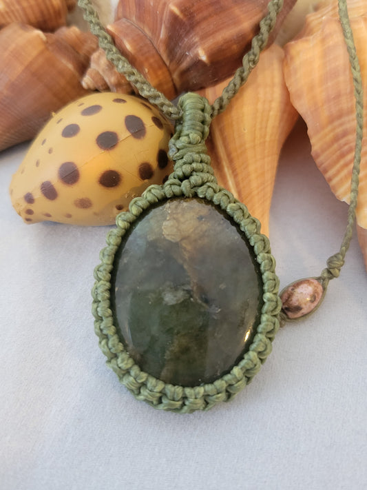 "Forest Veins" – Moss Agate Pendant Necklace in Army Green & Brown Cord, Adjustable Minimalist Wrap