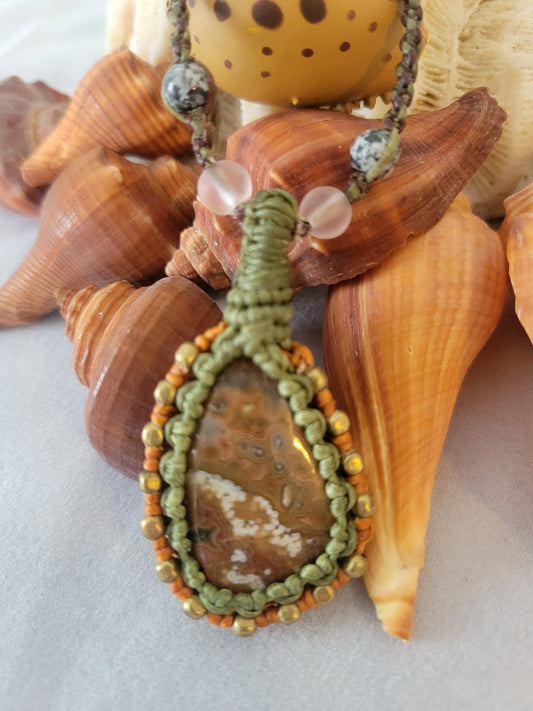 Ocean Agate Pendant Necklace with Olive Green Macrame – Adjustable Length with Antique Brass and Stone Beads