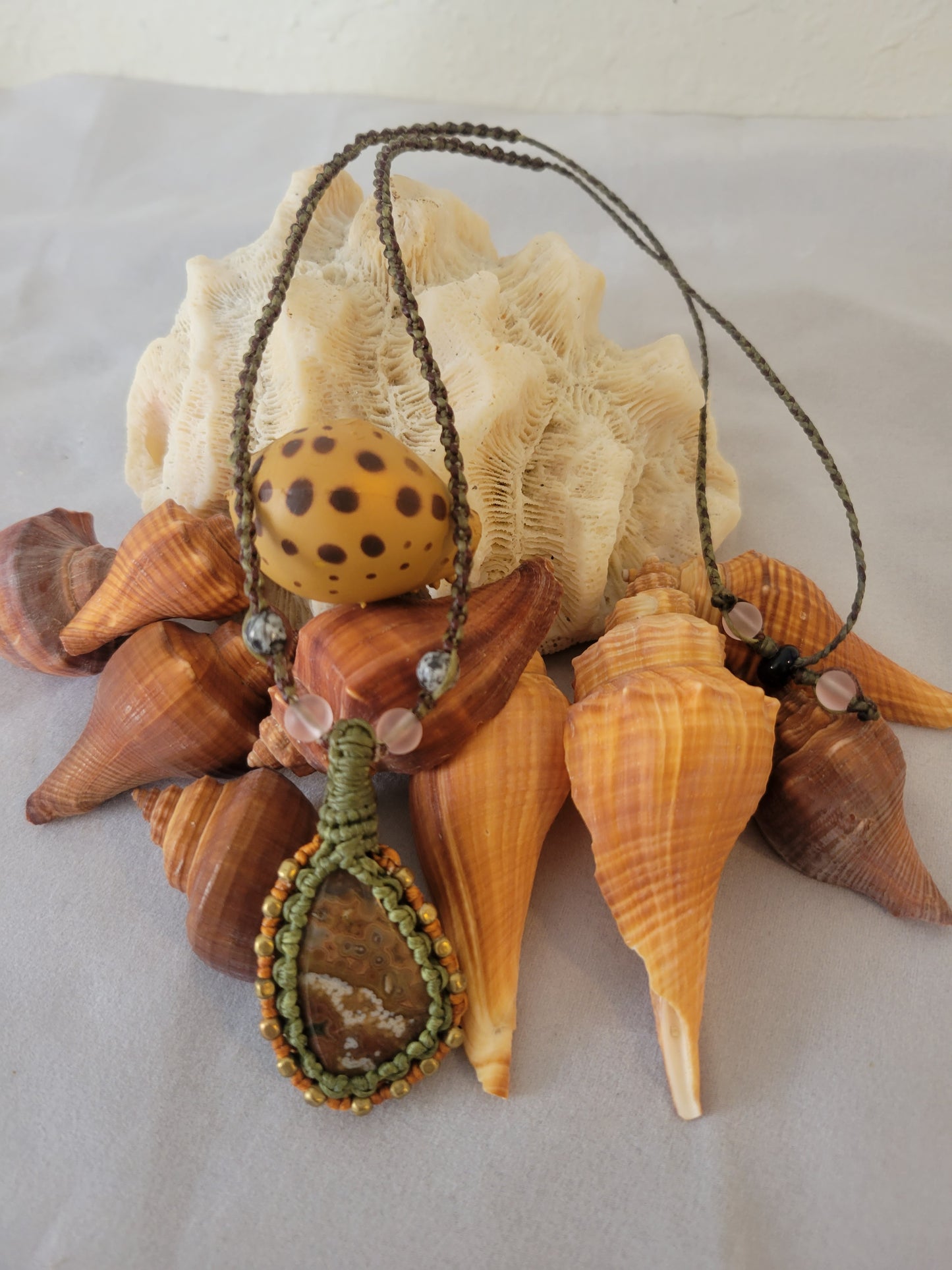 Ocean Agate Pendant Necklace with Olive Green Macrame – Adjustable Length with Antique Brass and Stone Beads
