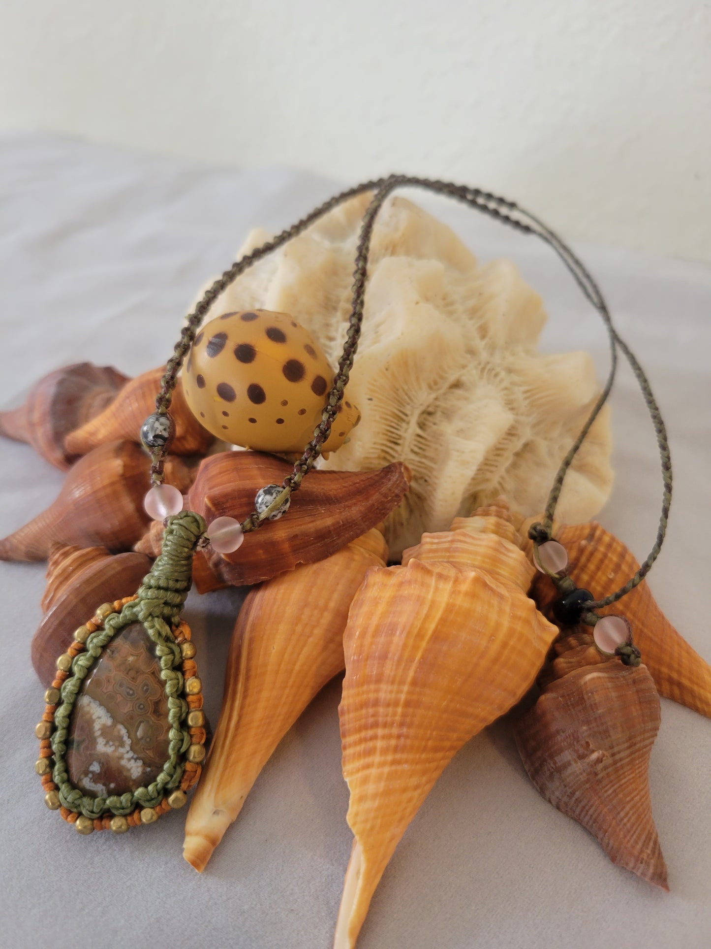 Ocean Agate Pendant Necklace with Olive Green Macrame – Adjustable Length with Antique Brass and Stone Beads