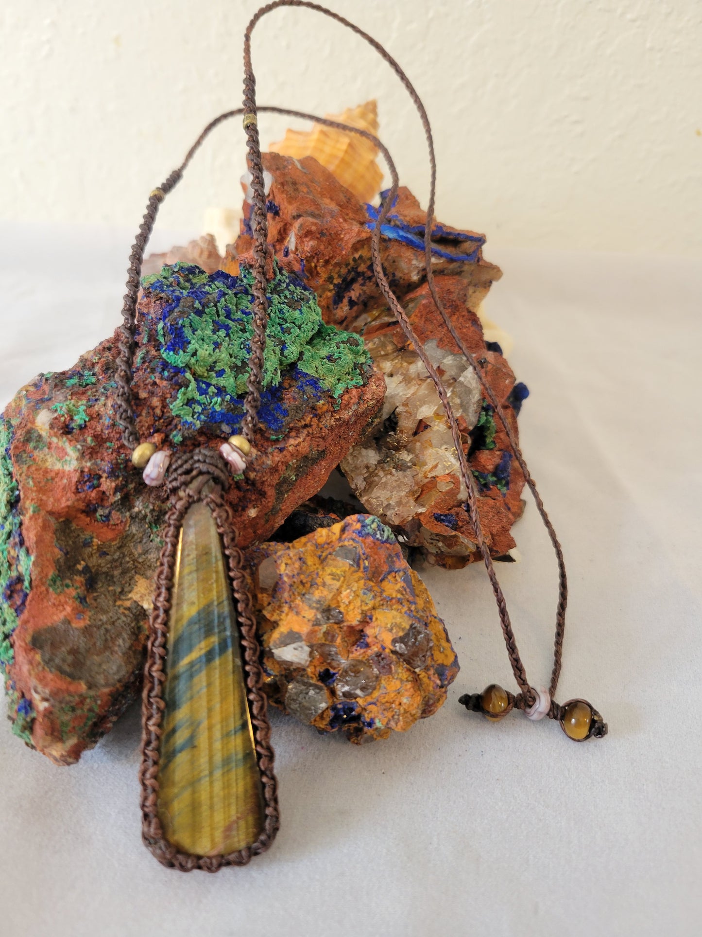 Trapezoid Tiger Eye Pendant Necklace – Brown Cord with Stone Beads, Minimalist Adjustable Design