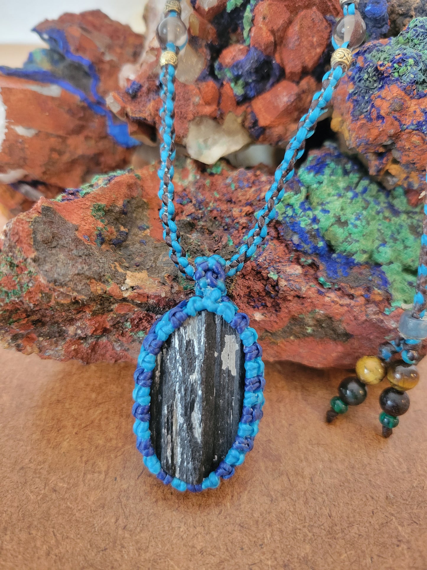Midnight Elegance: Black Tourmaline Pendant in Blue Cord with Monochrome Beads