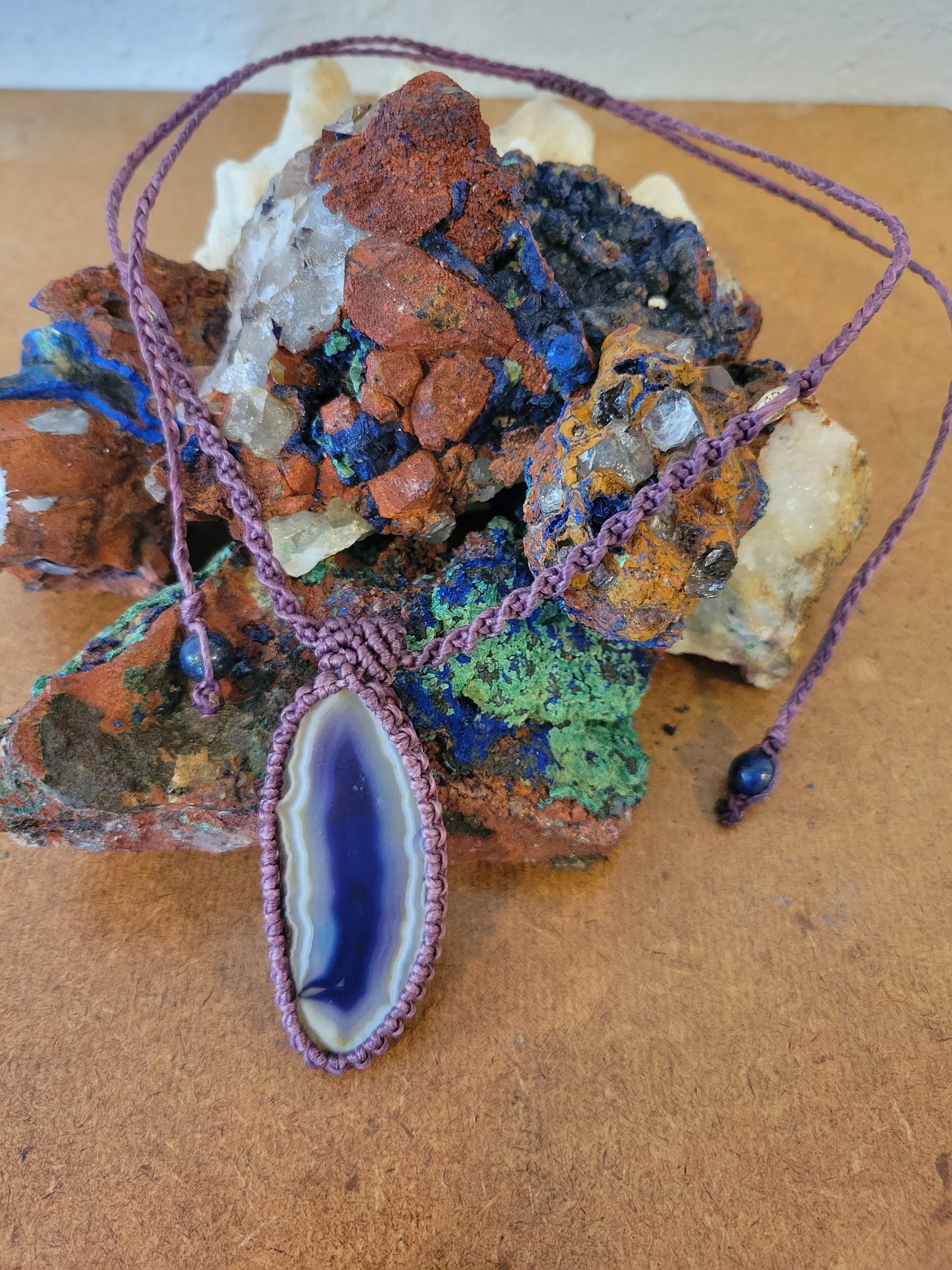 Purple and White Agate Slice Pendant - Minimalist Adjustable Necklace
