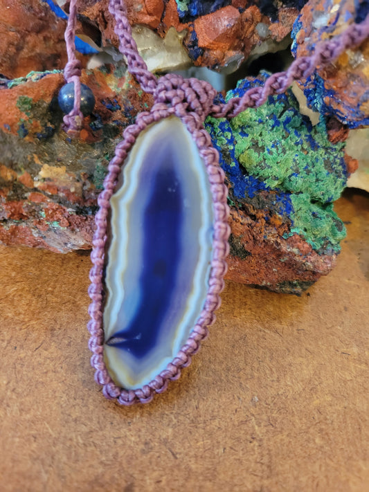 Purple and White Agate Slice Pendant - Minimalist Adjustable Necklace