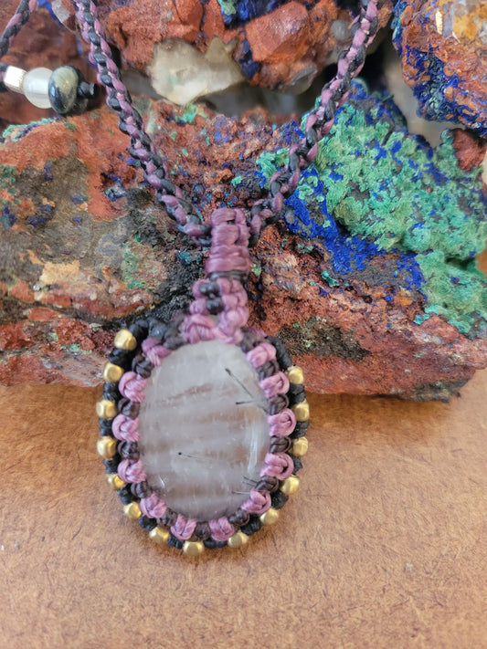 Black Rutilated Quartz Pendant Necklace – Purple & Black Wrap with Brass Beads, Adjustable Length