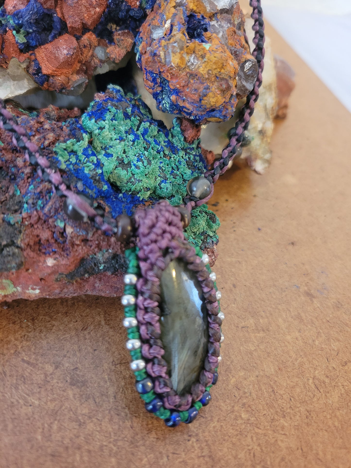 Labradorite Pendant Necklace with Purple Macrame Cord – Adjustable Length with Silver and Stone Beads