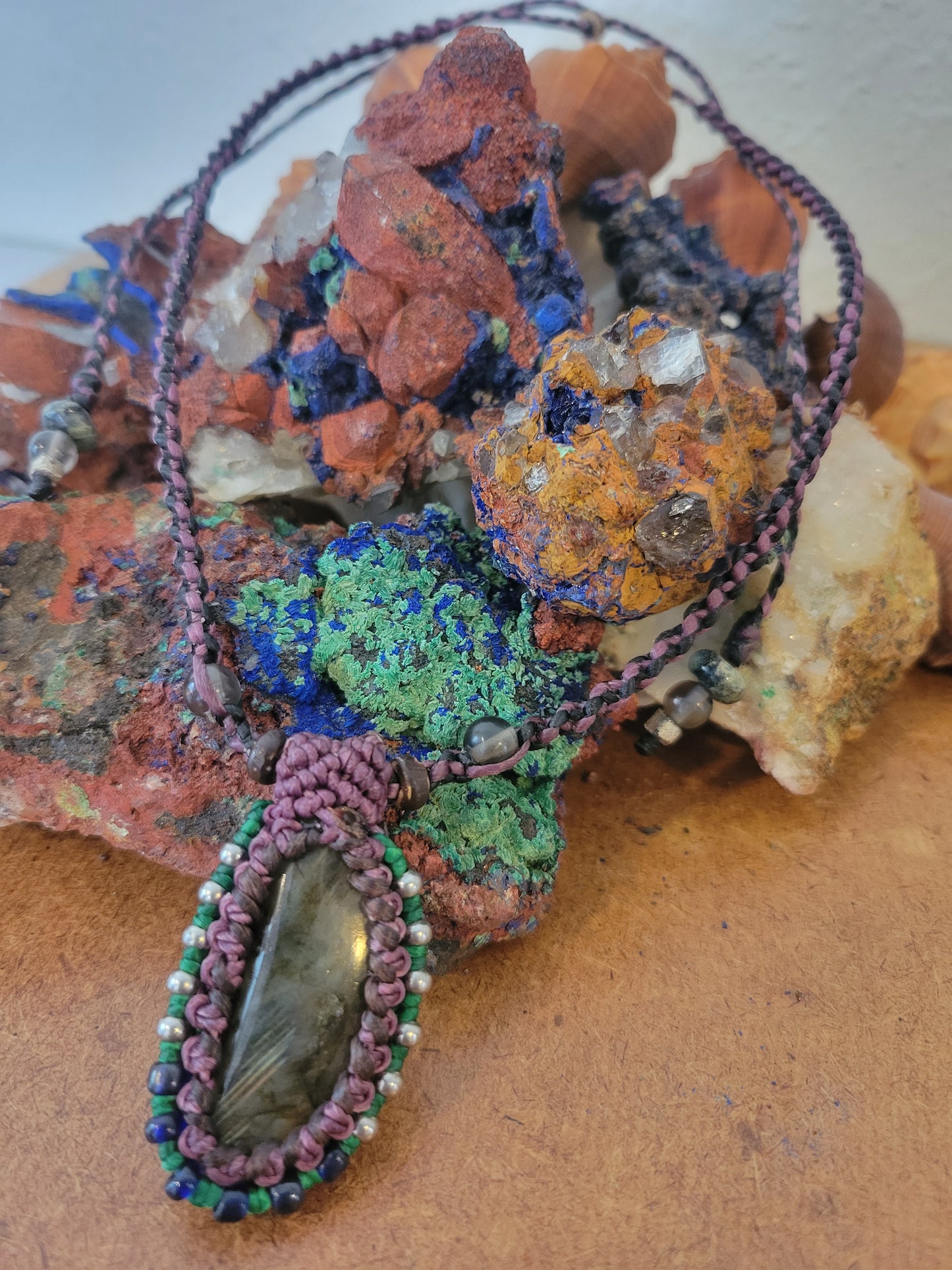 Labradorite Pendant Necklace with Purple Macrame Cord – Adjustable Length with Silver and Stone Beads