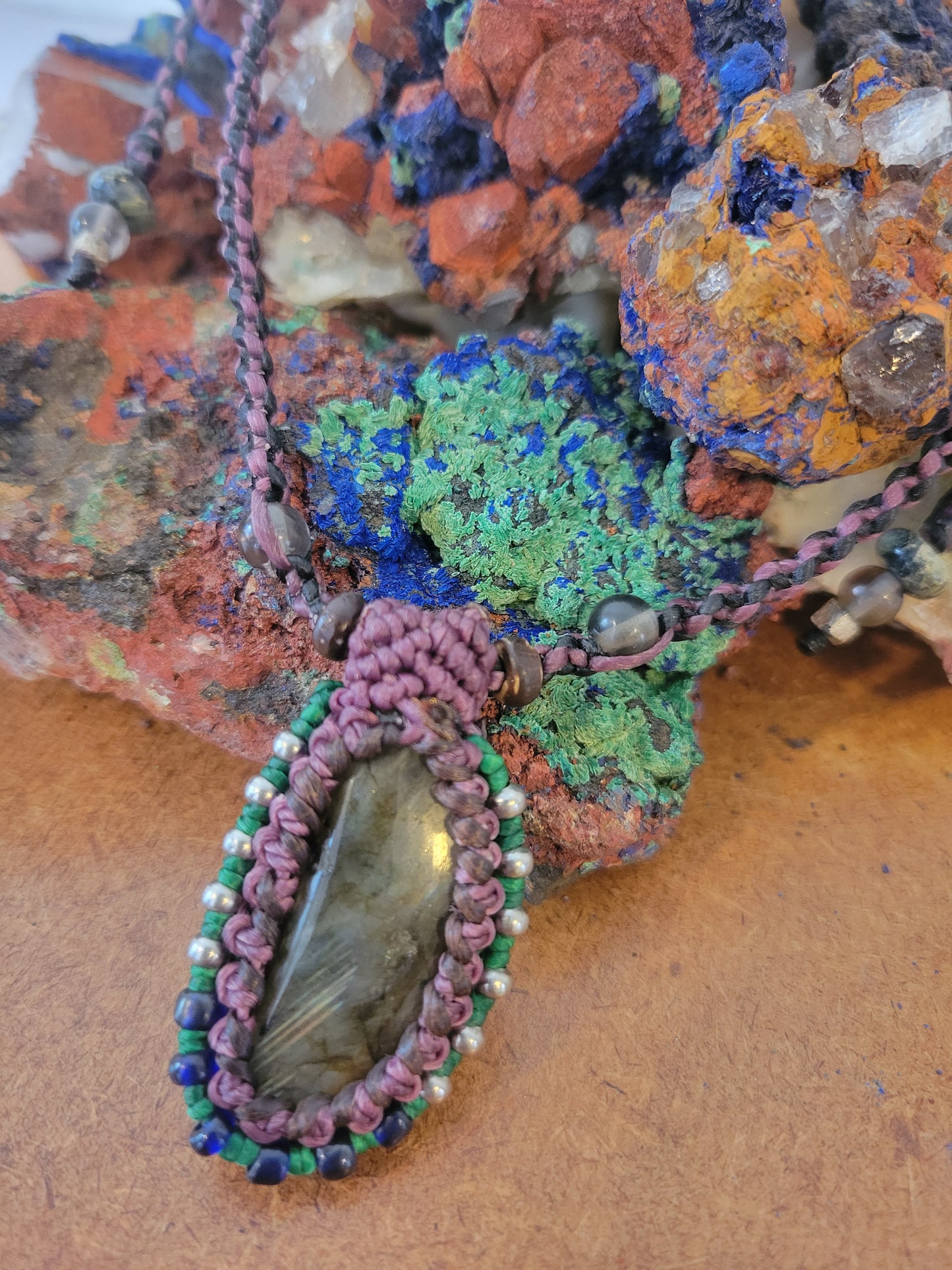 Labradorite Pendant Necklace with Purple Macrame Cord – Adjustable Length with Silver and Stone Beads