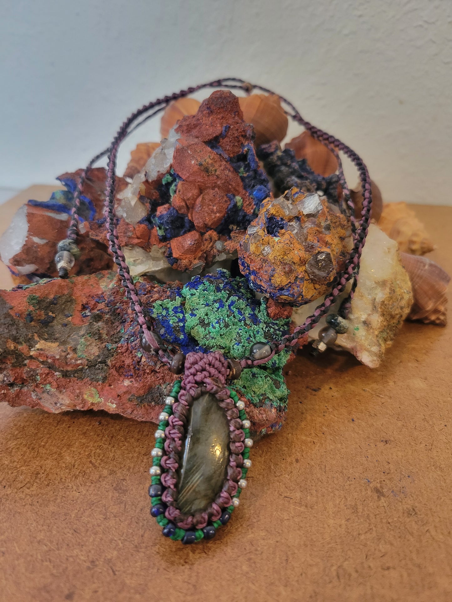 Labradorite Pendant Necklace with Purple Macrame Cord – Adjustable Length with Silver and Stone Beads