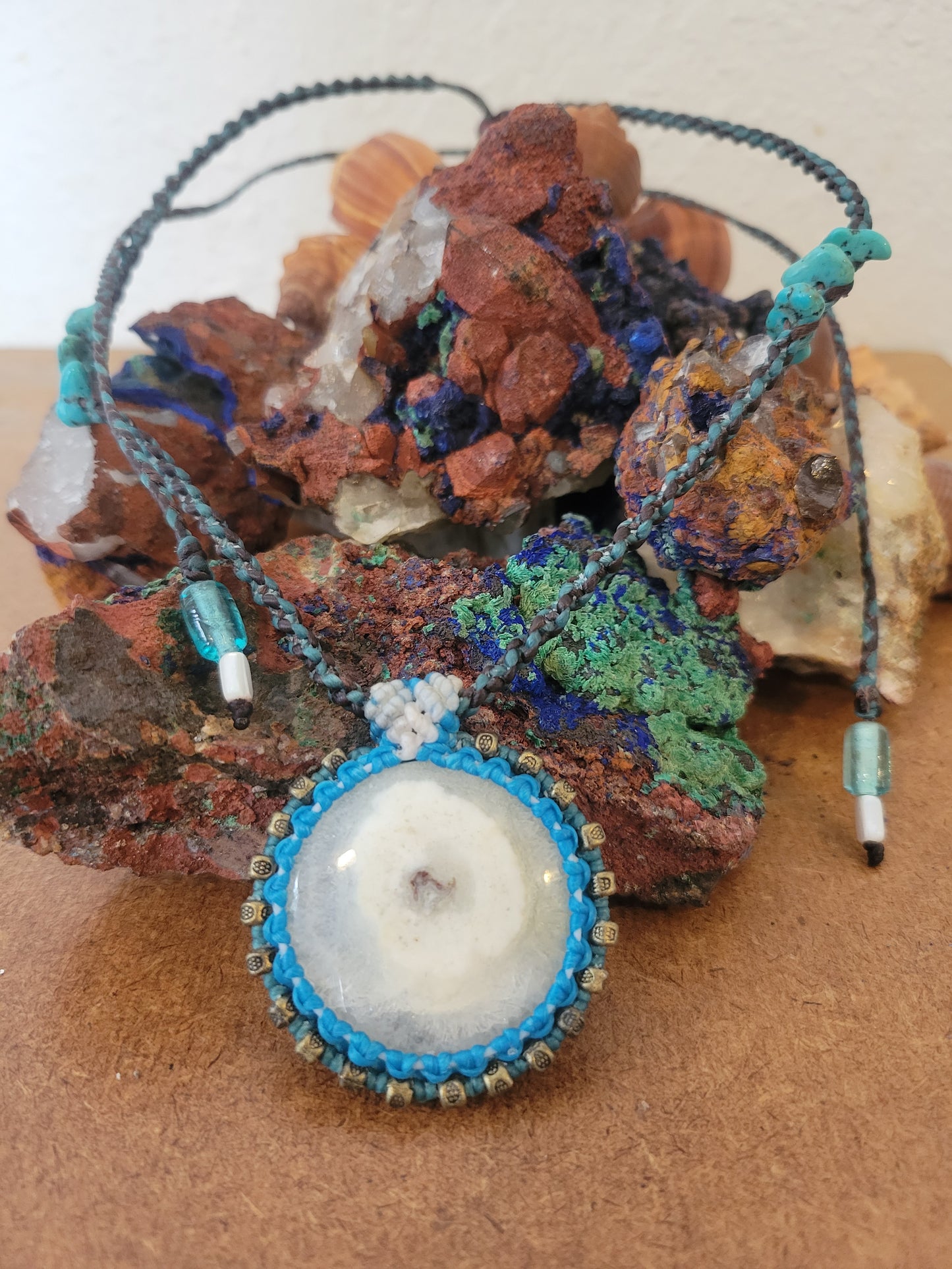 Solar Quartz Pendant Necklace – Blue Wrap, Black & Green Cord with Brass & Glass Beads, Adjustable Length