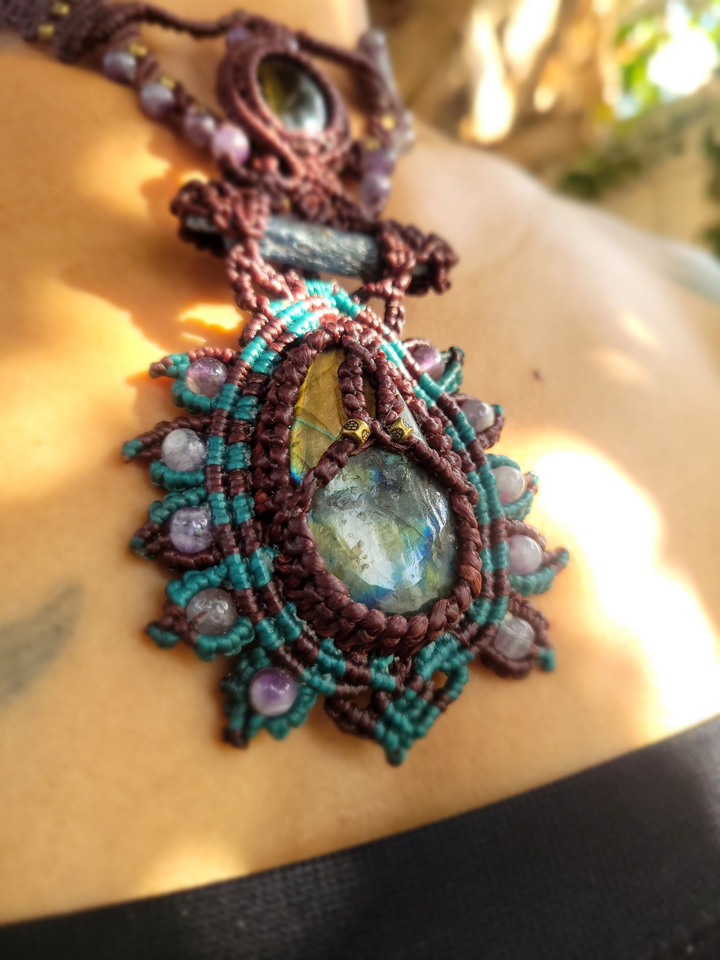 Spiritual Mandala: Labradorite & Tourmaline Micromacrame Necklace